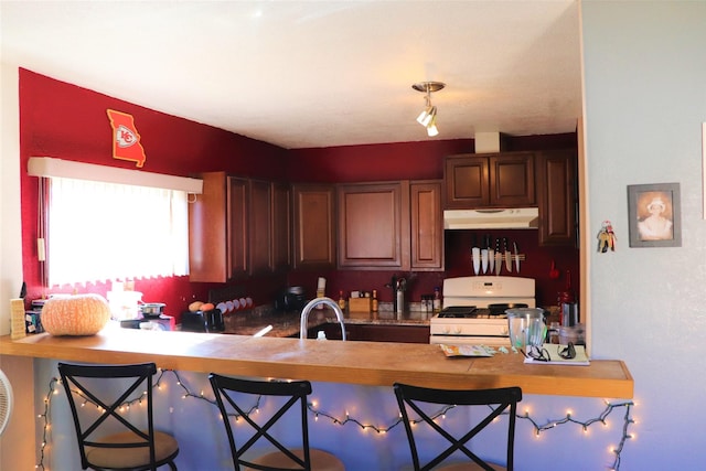 kitchen featuring a kitchen breakfast bar, sink, gas range gas stove, and kitchen peninsula