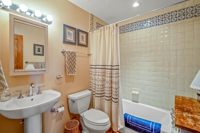 bathroom with toilet and shower / bath combination with curtain