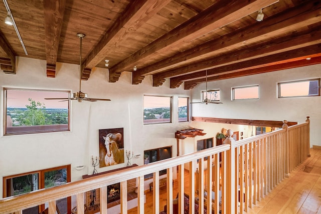 corridor featuring wood ceiling, light wood-type flooring, beam ceiling, and a healthy amount of sunlight