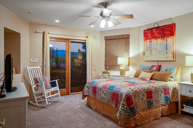 bedroom featuring ceiling fan, access to exterior, and carpet floors