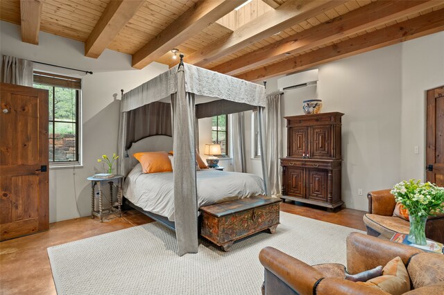 bedroom featuring beamed ceiling, a wall mounted air conditioner, and wood ceiling