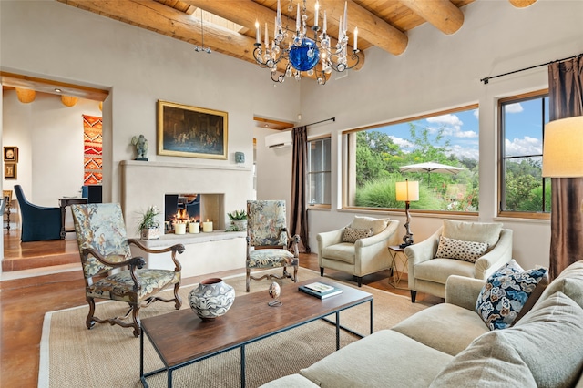 living room featuring beam ceiling, wood-type flooring, wood ceiling, and an inviting chandelier