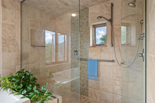 bathroom with a shower with shower door