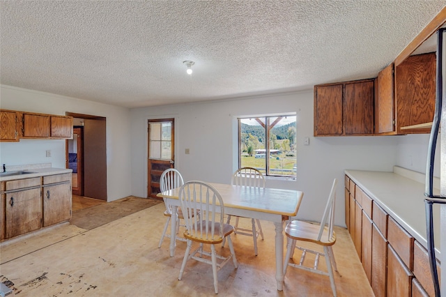 dining room featuring a textured ceiling and sink