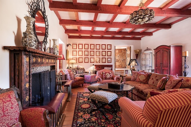 living room featuring coffered ceiling, beam ceiling, and a chandelier