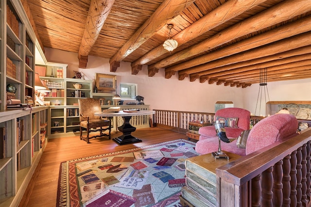 interior space featuring wood ceiling, beam ceiling, and light wood-type flooring