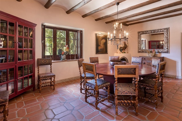 dining room featuring beamed ceiling and a notable chandelier