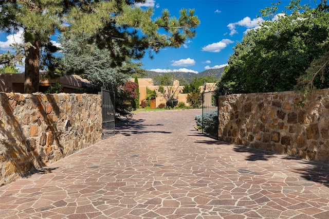 view of patio with a mountain view