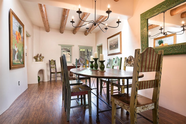 dining room with a notable chandelier, beam ceiling, dark hardwood / wood-style floors, and french doors