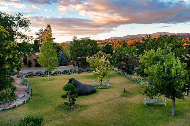 view of community with a mountain view, a rural view, and a lawn