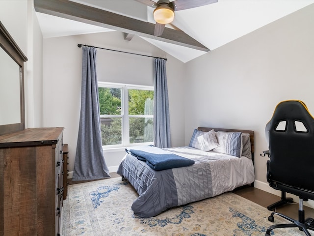 bedroom with hardwood / wood-style flooring, lofted ceiling with beams, and ceiling fan