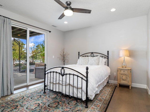 bedroom with ceiling fan, access to outside, and dark hardwood / wood-style floors