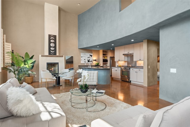 living room with a high ceiling and sink