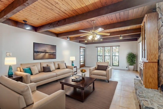 tiled living room featuring wooden ceiling, beam ceiling, and ceiling fan