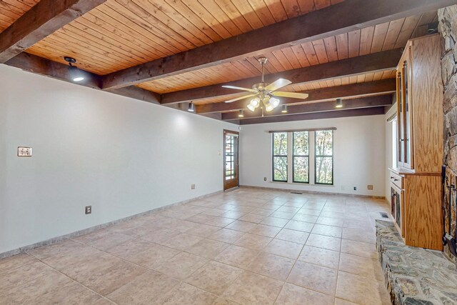 interior space featuring beam ceiling, ceiling fan, wooden ceiling, and light tile patterned floors