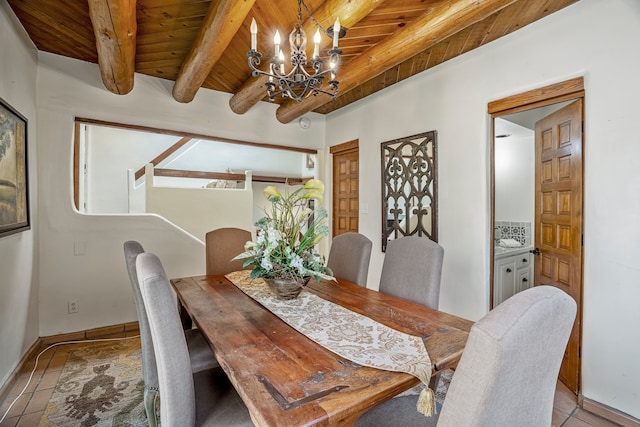 tiled dining room with wood ceiling, a chandelier, and beamed ceiling