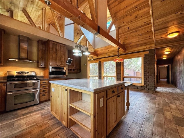 125 Tierra Del Dios, Rowe, NM 87562 - kitchen with open shelves, appliances with stainless steel finishes, wall chimney exhaust hood, and dark wood finished floors