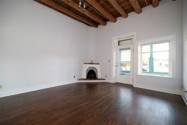 unfurnished living room with vaulted ceiling with beams, wooden ceiling, and dark hardwood / wood-style floors