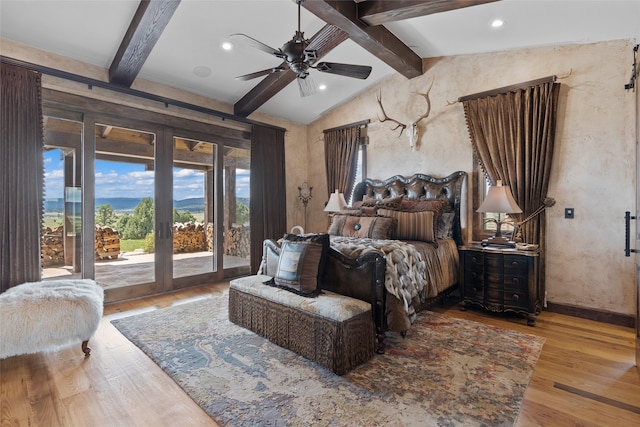 bedroom with baseboards, lofted ceiling with beams, ceiling fan, light wood-style flooring, and access to outside