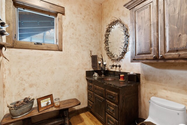 bathroom with hardwood / wood-style floors, toilet, and vanity