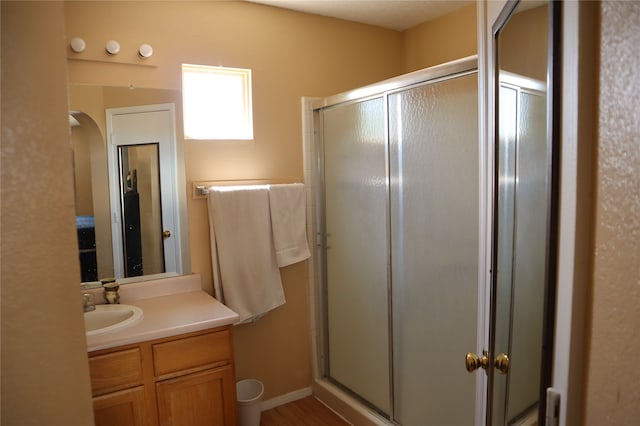 bathroom with a shower with door and vanity