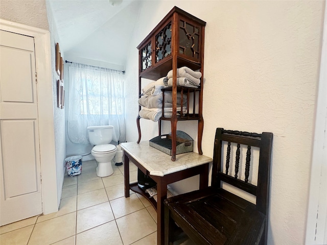 bathroom with tile patterned flooring, vaulted ceiling, and toilet