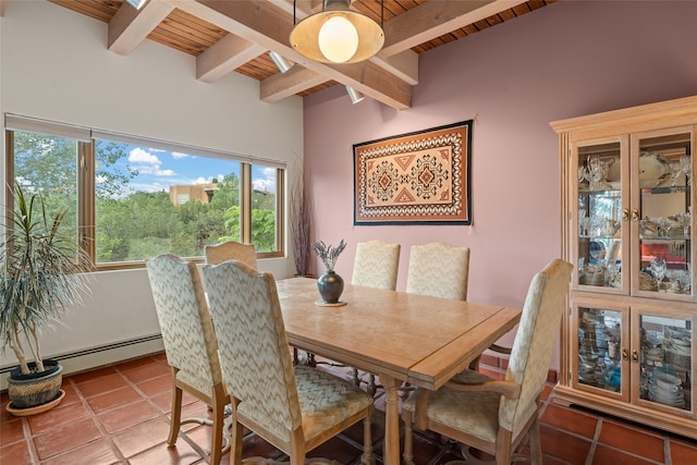 tiled dining room with beam ceiling, wooden ceiling, and a healthy amount of sunlight