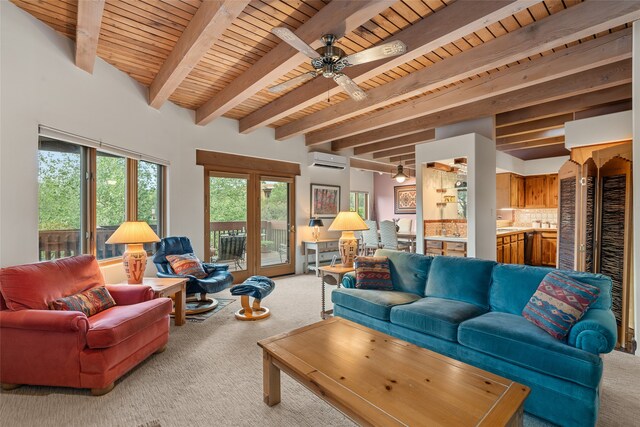 living area with a ceiling fan, wood ceiling, an AC wall unit, light carpet, and beamed ceiling