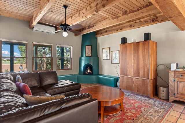 living room featuring ceiling fan, beam ceiling, wooden ceiling, and tile patterned floors