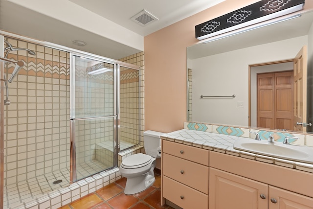 full bathroom with toilet, a shower stall, visible vents, and vanity