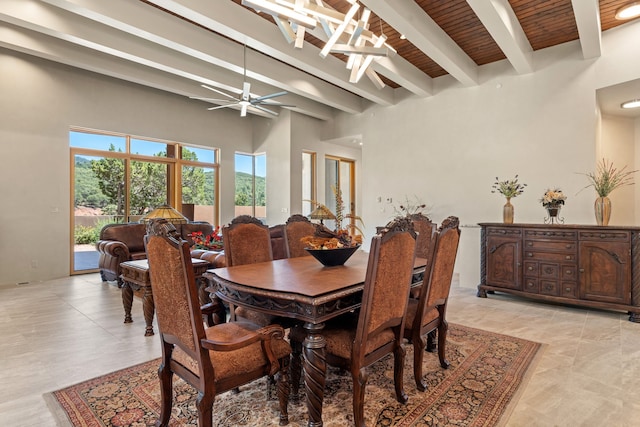 dining space with wooden ceiling, beam ceiling, and ceiling fan