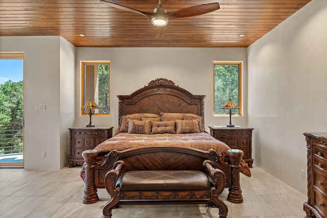 tiled bedroom featuring wood ceiling, access to exterior, ceiling fan, and multiple windows