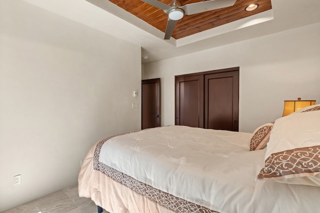 bedroom featuring ceiling fan and wood ceiling