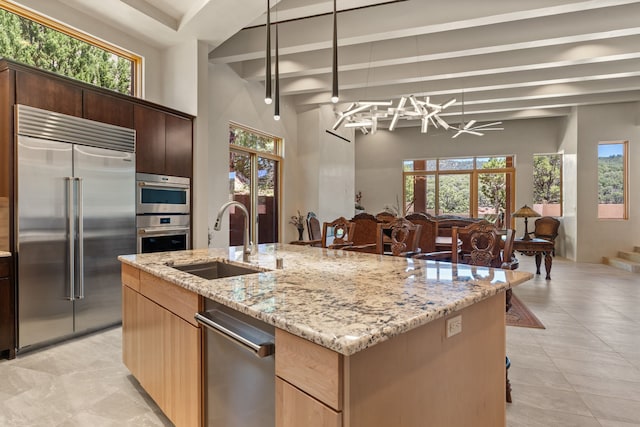 kitchen with appliances with stainless steel finishes, a wealth of natural light, a center island with sink, and sink