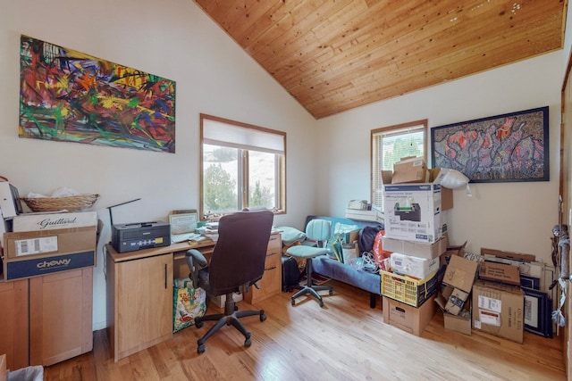 office with light hardwood / wood-style flooring, wood ceiling, and vaulted ceiling