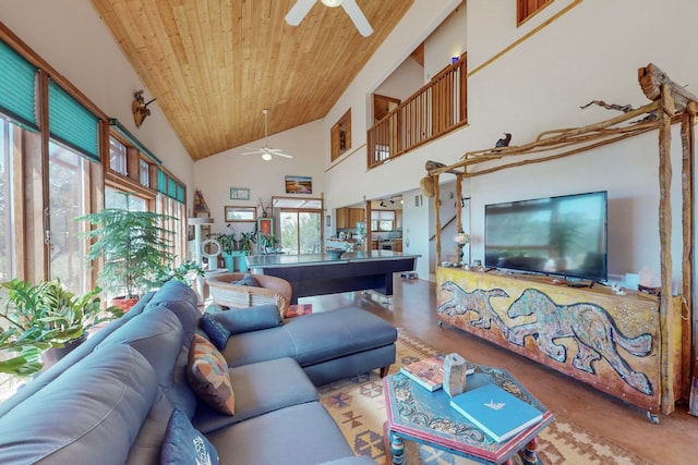 living room with high vaulted ceiling, wooden ceiling, and ceiling fan