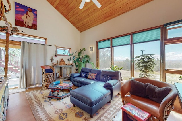 living room with wood ceiling, a healthy amount of sunlight, high vaulted ceiling, and ceiling fan