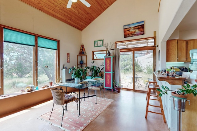 dining space featuring wood ceiling, a healthy amount of sunlight, high vaulted ceiling, and ceiling fan