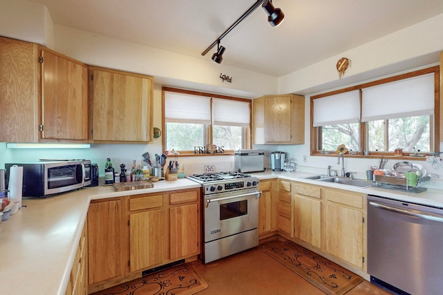 kitchen with a wealth of natural light, sink, stainless steel appliances, and rail lighting