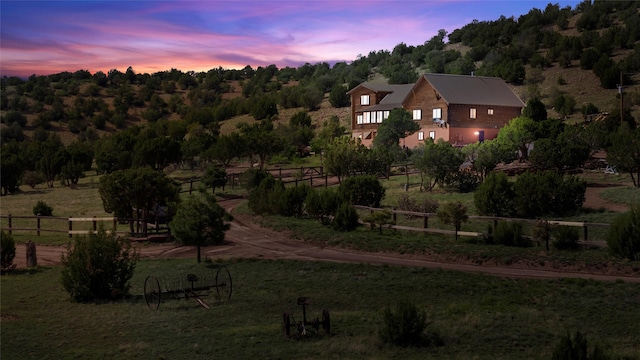 view of aerial view at dusk