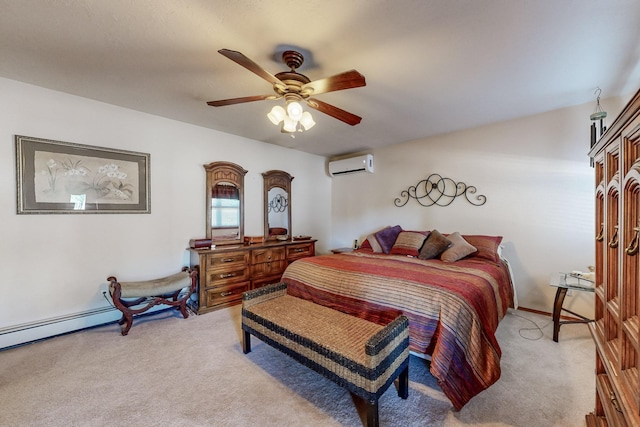 bedroom featuring an AC wall unit, light carpet, and ceiling fan