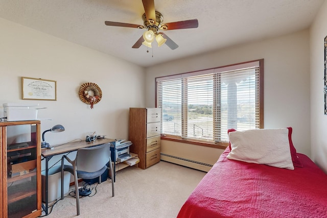 bedroom with light carpet, baseboard heating, and a ceiling fan