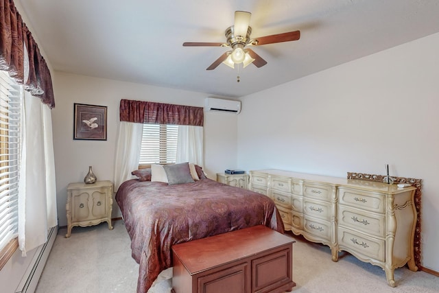 bedroom featuring light carpet, ceiling fan, baseboard heating, and an AC wall unit