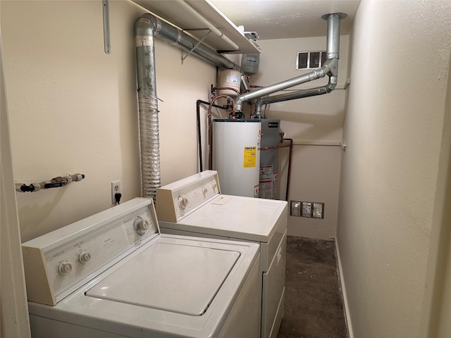 clothes washing area featuring washer and clothes dryer and water heater