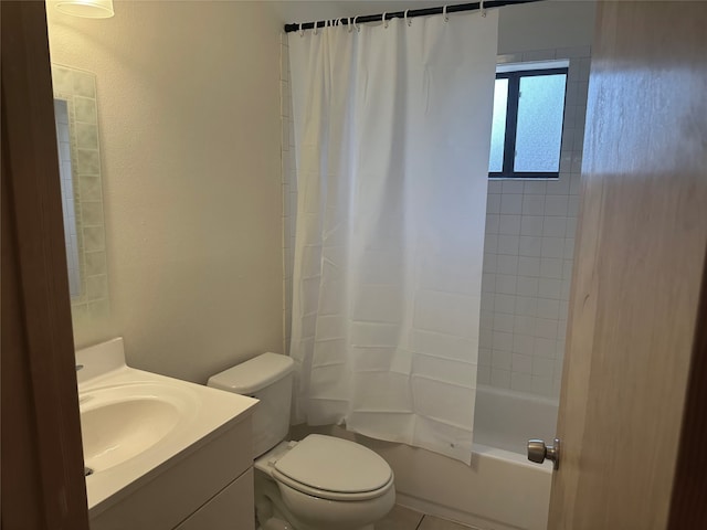 full bathroom with toilet, shower / tub combo with curtain, and vanity