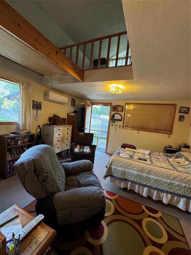 carpeted bedroom featuring a wall unit AC, beam ceiling, a textured ceiling, and access to exterior