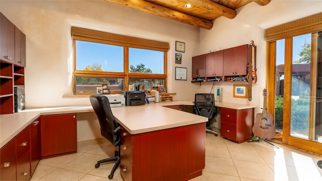 tiled office space with built in desk, plenty of natural light, beam ceiling, and wooden ceiling