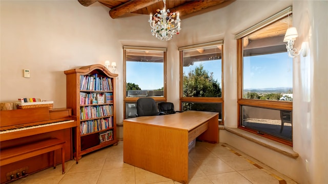 office space with an inviting chandelier, beam ceiling, and light tile patterned flooring