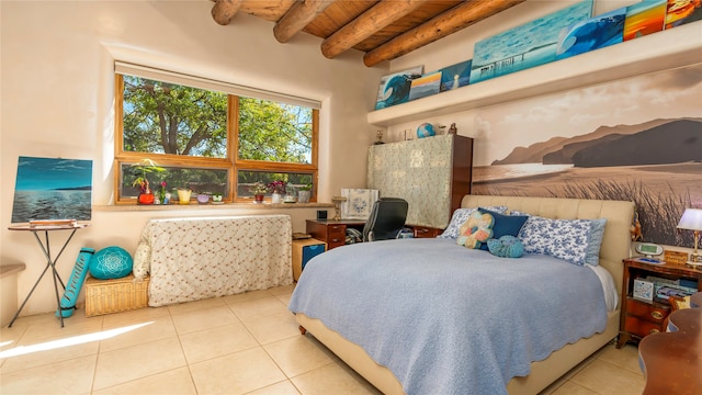 tiled bedroom with beam ceiling and wooden ceiling