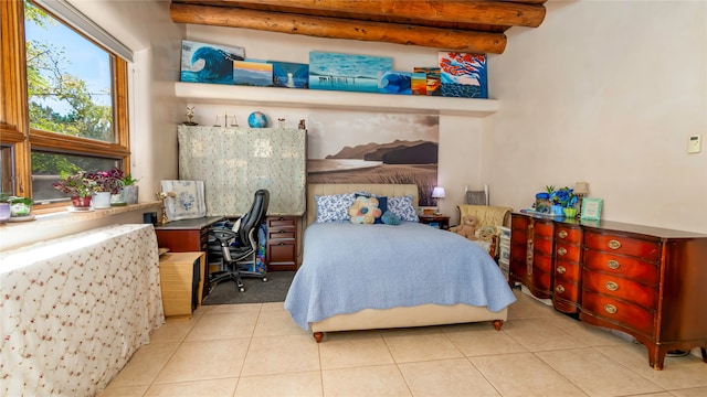 tiled bedroom featuring beam ceiling